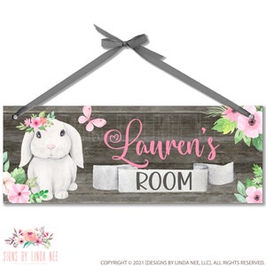 Girls Floral Bunny DOOR SIGN, Personalized Girls Bedroom Decor, Nursery Wall Art Decor, Wooden Child's Name Plaque, Custom Hanger B-ANM003