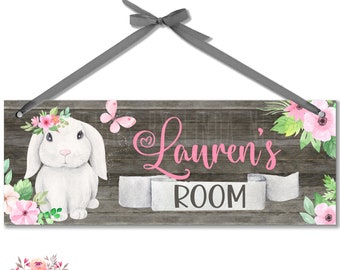 Girls Floral Bunny DOOR SIGN, Personalized Girls Bedroom Decor, Nursery Wall Art Decor, Wooden Child's Name Plaque, Custom Hanger B-ANM003