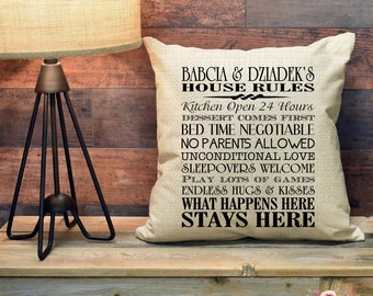 Babcia & Dziadek's House Rules Pillow Cover, Polish Grandma and Grandpa, Custom Gift for Grandparents, Accent Pillow,  Baby Reveal PCP10