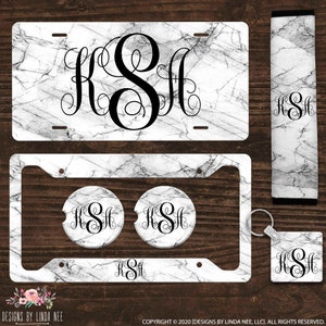 Monogrammed White Marble License Plate Personalized Plate and Frame Car Accessories Custom Tag Seatbelt Cover Coasters Keychain Set ALP30