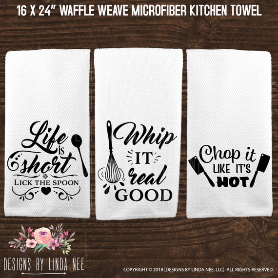 Funny Dish Towels Set of 4- Housewarming Gifts - Kitchen Decor Waffle Towels
