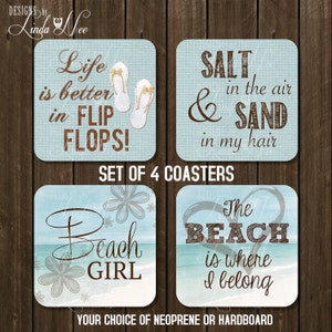 Coaster set of 4, Beach House Coasters, Housewarming Gift, Drink Coasters, Beer Coaster, Wine Coaster, Hostess Gift, Barware Flip Flops CPH1