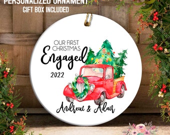 Engagement Ornament, Our First Christmas Engaged Ornament, Red Truck Personalized Engagement Ornament, Engagement Gift for the Couple OCH252