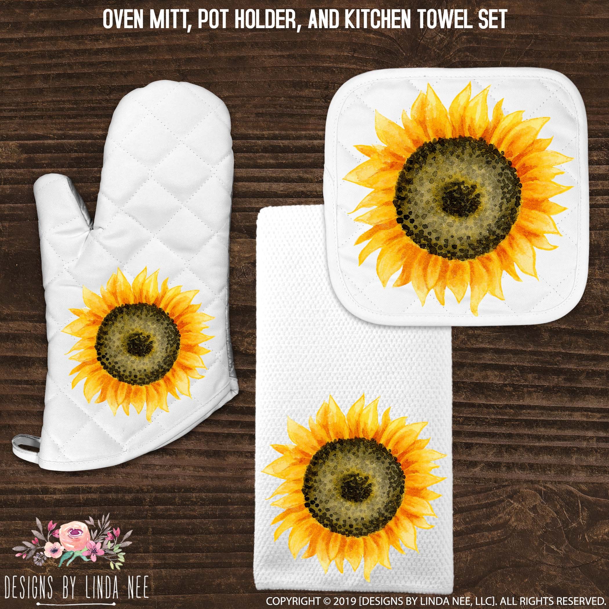 Kitchen Linen Sunflower Theme Set with Towels, Mitt, and Pot Holders - 7  Pieces 