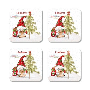 Santa Gnome Coasters Set of 4, Christmas Coasters, Housewarming Gift, Drink Coasters, Christmas Gift, Coffee Coasters, I Believe, 7-XMS012