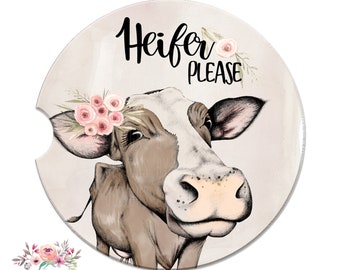 Heifer Please Cow Auto Car Coaster Set for Women, Cute Cow Auto Decor, Pink Heifer Coaster, Cow with Bandana and Sunglasses 8-FRM006