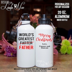 Personalized Father Water Bottle, World&#39;s Greatest Farter Father Merry Christmas Water Bottle Personalized Christmas Dad Water Bottle MPH144