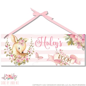 Personalized Girls Deer Sign, Girls Floral DOOR SIGN, Girls Bedroom Decor, Nursery Wall Art Decor, Child's Name Plaque, Doe B-ANM005