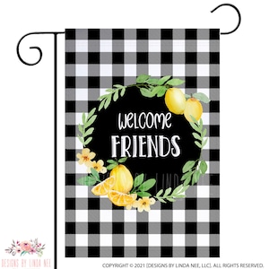 Lemon Wreath Welcome Flags, House Flags, Garden Flags, Porch Flags, Yard Flags, Farmhouse, Black Buffalo Check Plaid  12x18&quot; X-SUM005