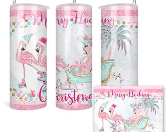 Flamingo Tumbler, Christmas Flamingo 20 Oz Tumbler, Tropical Themed Cup, Winter Tumblers, Flamingo Gifts, Merry Flocking Christmas X-XMS084