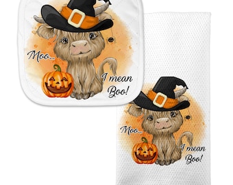 Moo, I Mean Boo Cow Halloween Kitchen Towel, Boo Kitchen Linens, Cow Potholder, Fall Themed Kitchen Decor, Cute Highland Cow Tea X-HAL028