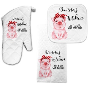 Personalized Pig Dish Towel, Oven Mitt and Pot Holder with Just a Girl Who Loves Pigs Quote J-WEL001