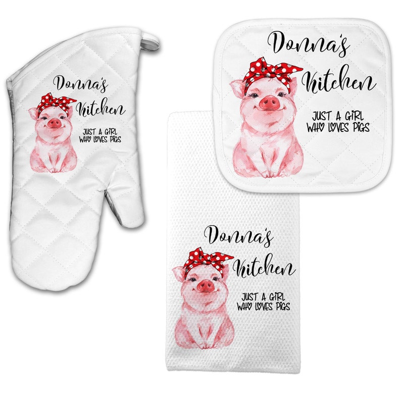 Personalized Pig Dish Towel, Oven Mitt and Pot Holder with Just a Girl Who Loves Pigs Quote J-WEL001 Pot,Mitt,Towel Set