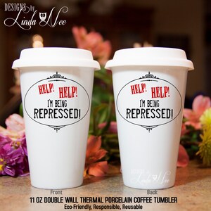 Help I'm being repressed Monty Python Travel Coffee Mug Funny Geek, Monty Python Holy Grail Quote British Humor Movie Quotes MSA104