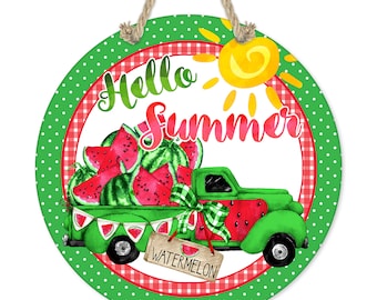 Watermelon Sign, Hello Summer Sign, 7" Round Watermelon Wall Sign, Farmhouse Sign, Watermelon Trivet, Tiered Tray Sign J-HEL002