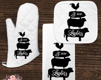 Personalized Kitchen Towel, Farm Animals Farmhouse Kitchen Decor Dish Towel Cow Sheep Pig Rooster Monogrammed Towel Kitchen Decor Mitt KTP15