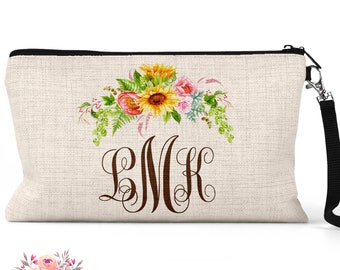 Sunflower Makeup Bag Personalized Cosmetic Bag Personalized Toiletry Bag Monogram Makeup Bag Linen Cosmetic Case Floral Cosmetic Bag CBP43