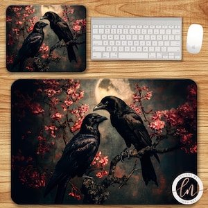 Raven Couple Desk Mat, Dark Forest Gothic Romantic Crow, Dark Academia, Cottagecore, XL Gaming Bookish Mouse Pad, Library Mouspad 6-GOT004