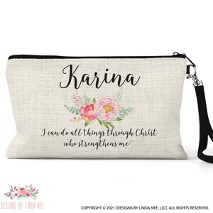 Personalized Christian Gift, Custom Name Cosmetic Bag, Graduation Gift, I Can Do All Things Through Christ Who Strengthens Me C-SCR002