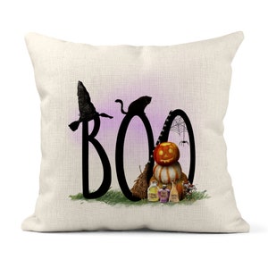 Halloween Pillow Cover, Boo Halloween Decor, Witch Hat, Pumpkins, Living Room Decor, Holiday Pillow Case, Black Cat Pillow Gift X-HAL030