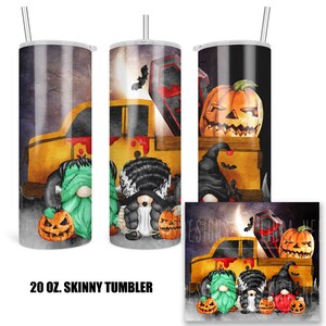 Halloween Tumbler, Scary Gnomes 20 Oz Tumbler, Cute Trick or Treat Gift, Creepy Art, Frankenstein Gnome, Orange Truck, Water Bottle 7-HAL019