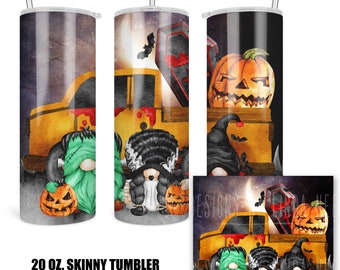 Halloween Tumbler, Scary Gnomes 20 Oz Tumbler, Cute Trick or Treat Gift, Creepy Art, Frankenstein Gnome, Orange Truck, Water Bottle 7-HAL019