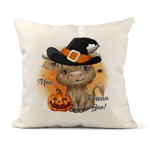 Funda de almohada de Halloween, linda decoración de vaca para Halloween, almohada de vaca de cuernos largos con sombrero de bruja, regalo de inauguración de la casa, funda espeluznante con arañas y calabaza X-HAL028