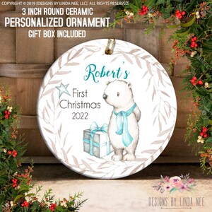 Baby Boy&#39;s First Christmas Ornament, Personalized Baby Ornament, Baby Shower Gift, Gift for Baby Boy, Christmas Bear Ornament OCH264