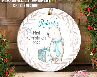 Baby Boy's First Christmas Ornament, Personalized Baby Ornament, Baby Shower Gift, Gift for Baby Boy, Christmas Bear Ornament OCH264