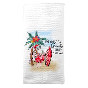 Tropical Santa Christmas Towel, Holiday Kitchen Dish Towel, Christmas Kitchen Tea Towel, Surfing Santa, Beach Vacation, Florida X-XMS082