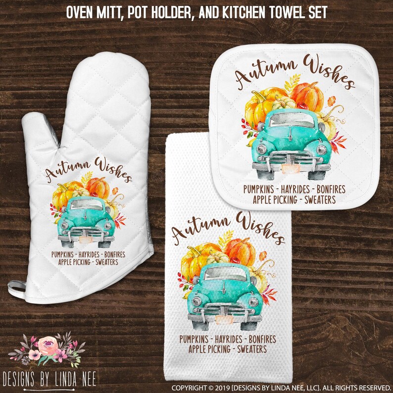 Fall Kitchen Towel Autumn Wishes Teal Truck Fall Decor Towel Fall Decoration Kitchen Oven Mitt Autumn Kitchen Decor Gift for Her KTH7 image 1