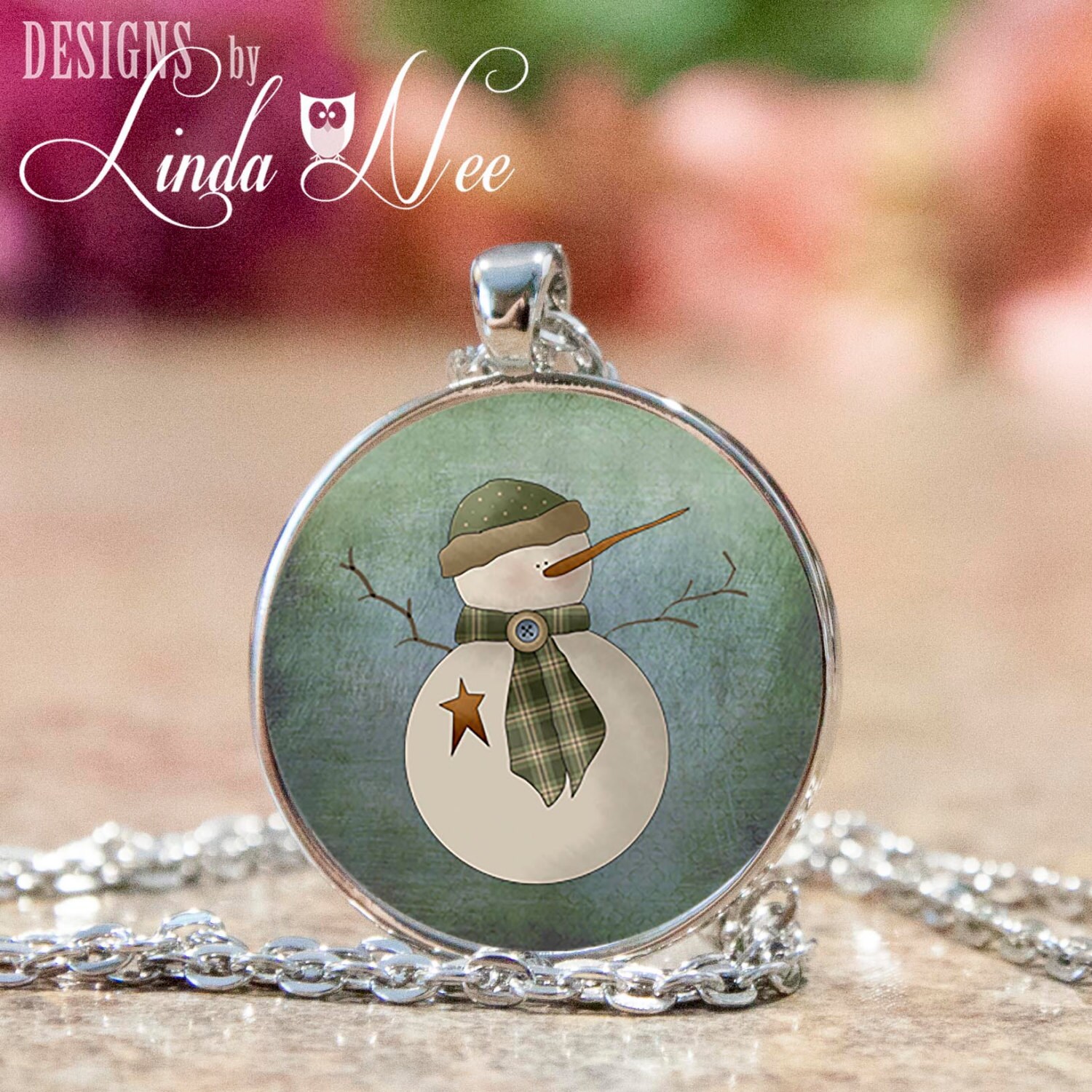 Christmas Primitive Snowman Pendant and Necklace, Christmas
