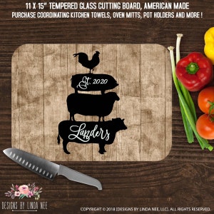 Farm Animals Personalized Kitchen Cutting Board Glass Cutting Board Housewarming Gift Rooster Pig Sheep Cow Farmhouse Decor Rustic CBP25