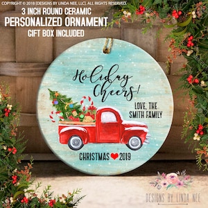 Holiday Cheers Personalized Family Ornament Red Truck Holiday Ornament Vintage Christmas Decor Custom Ornament Holiday Decor Rustic OCH183