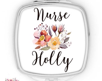 Personalized Nurse Gift, Custom Pocket Mirror, Hand Mirror, Nurse Appreciation Compact Mirror, Gift for RN, Floral Makeup Mirror XPH82