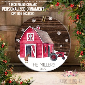 Personalized Horse Barn Ornament, Red Barn Ornament, Winter Barn Farmhouse Christmas Decor, Chicken Ornament OCH295