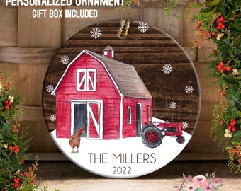Personalized Horse Barn Ornament, Red Barn Ornament, Winter Barn Farmhouse Christmas Decor, Chicken Ornament OCH295