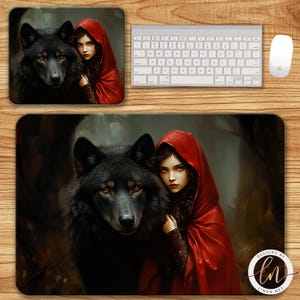 Tapis de souris Le petit chaperon rouge, gothique sombre, peinture victorienne lunatique, tapis de bureau loup, oeuvre d'art de conte de fées gothiques, Cottagecore 6-GOT029