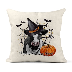 Funda de almohada de Halloween, decoración de Halloween, sombrero de bruja, vaca de las Tierras Altas, funda de almohada de otoño, bonito regalo de Halloween, almohada de campo, murciélago X-HAL026