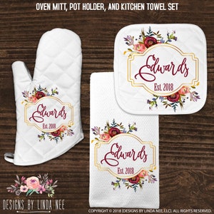 Personalized Kitchen Towel with Leaf Border and Last Name — The