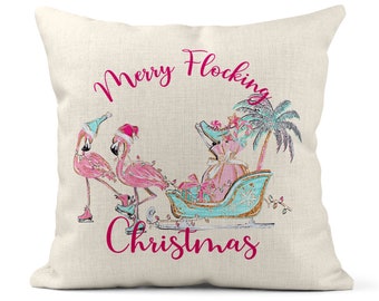 Tropical Flamingo Christmas Pillow Cover, Beach Christmas Pillow, Coastal Xmas, Florida Holidays, Gift Pillow Cover, Flamingo Decor X-XMS084