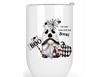 Boo Gnome Wine Tumbler with Lid, Gnome Wine Glass, Gnome Kitchen Decor, Boo Gnome Wine Glass, I'm here for the Boos 7-HAL016
