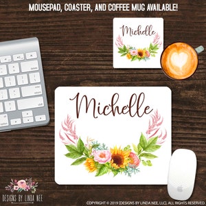 Monogrammed Mouse Pad Sunflower Personalized Mousepad Floral Mousepad Custom Mousepad Desk Accessories Desk Decor Work Mouse Pad SMO31