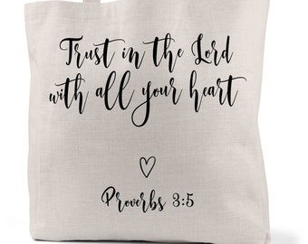 Bible Tote Bag, Trust in the Lord Proverbs 3:5 Bible Book Bag, Christian Apparel, Scripture Tote Bag, Large Linen Tote Shopping Bag C-SCR022