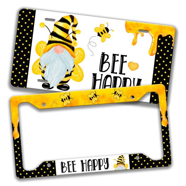 Personalized Car Accessories, Bee Happy Gnome License Plate, Car Tag Seatbelt Cover Coasters Keychain License Frame Plate Farm X-SUM001