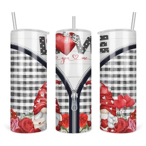 Valentine Gnome Skinny Tumbler, Valentine&#39;s Day Hot Cocoa Insulated Tumbler Lid and Straw, Valentines Day Water Bottle, Gnome Love, 7-VAL004