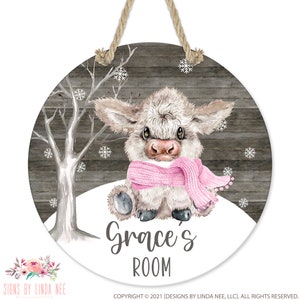 Personalized Nursery Sign, Baby Highland Cow Sign, Girl Nursery Decor, Bedroom Door Name Sign, Winter Theme, Door Hanging Name Gift B-XMS002