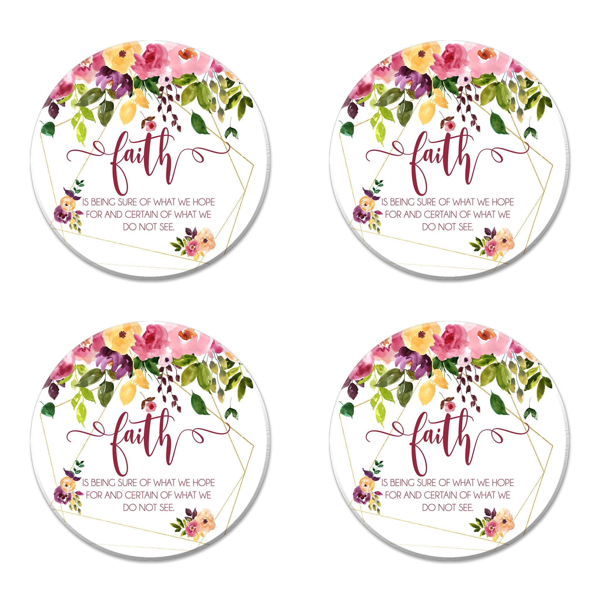 Hebrews 11:1 Christian Coaster Set of 4, Word of God Coaster, Coffee Lover Gift, Religious Coaster, Floral Scripture Gift, Faith C-SCR025
