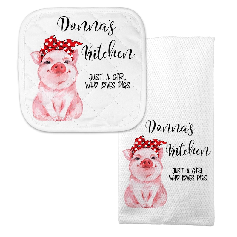 Personalized Pig Dish Towel, Oven Mitt and Pot Holder with Just a Girl Who Loves Pigs Quote J-WEL001 Pot and Towel Set