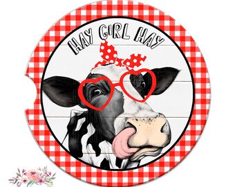 Cow Auto Car Coaster Set for Women, Hay Girl Hay Coaster, Cute Cow Auto Decor, Red Heifer Coaster, Cow with Bandana and Sunglasses 8-FRM005